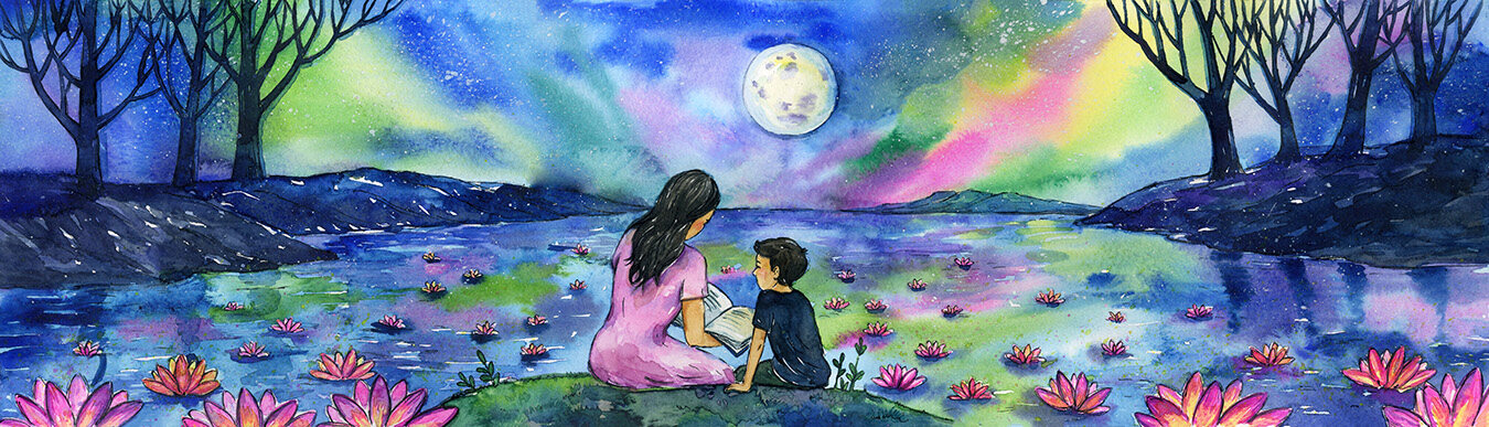 A parent and child reading together beside a colorful lake